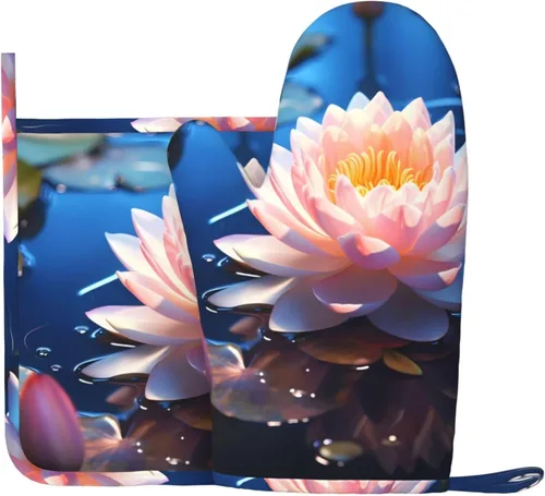 Juego de manoplas de horno y soportes para ollas con estampado de flores de loto, resistentes al calor hasta 500 F