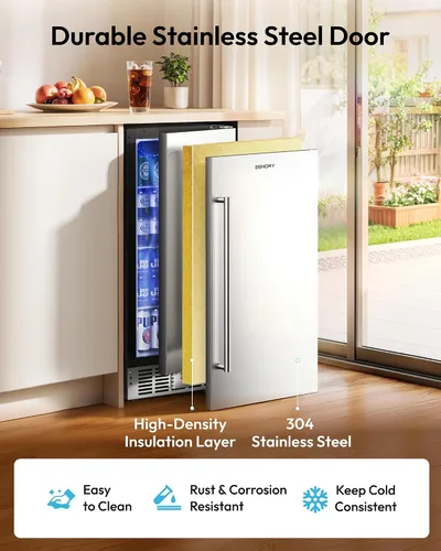 Miniatura 3 de EUHOMY Refrigerador de bebidas de 15 pulgadas, refrigerador de bebidas para 127 latas con puerta de acero inoxidable, enfriador de bebidas