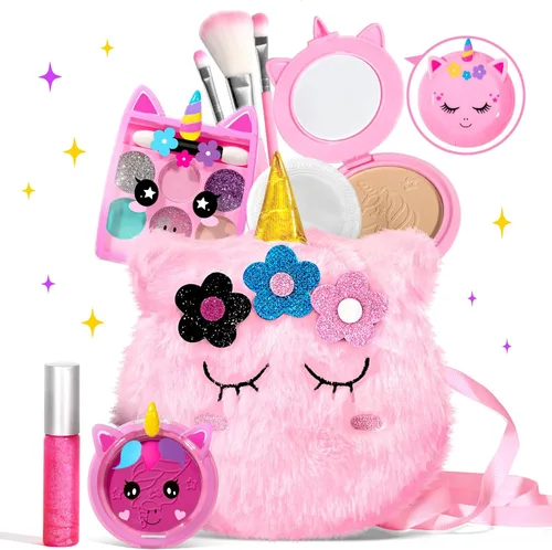 Miniatura 8 de ULOVEME Kit de maquillaje real para niñas con bolso esponjoso, juguete de maquillaje real, no tóxico, lavable, juguetes de Umicorn, regalo
