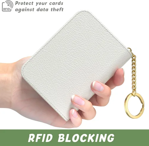 Miniatura 4 de Tarjetero de crédito para mujer, pequeña cartera RFID delgada de cuero organizador de tarjetas de visita con cremallera y llavero, color blanco