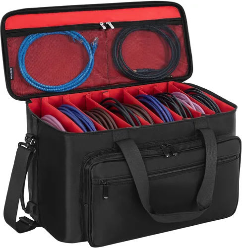 Miniatura 8 de AKOZLIN Bolso grande de viaje para cables de banda con divisores desmontables, estuche organizador de cables para DJ para computadora portátil