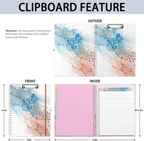Miniatura 2 de Rimilak Spiral Clipboard Folio with Refillable Lined Notepad, 14.5 x 9.8 In, Hardcover Cover with 5 Interior Pockets, Elastic Band and Pen Loop
