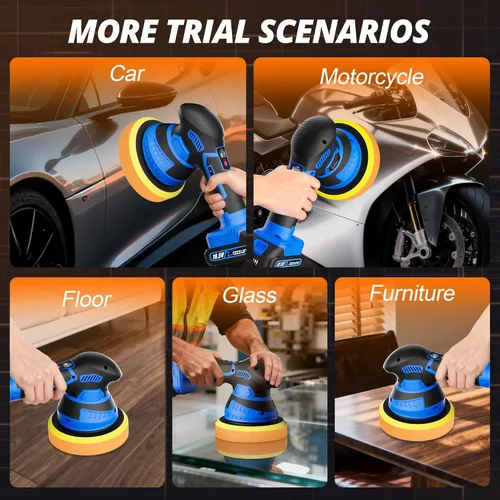 Miniatura 7 de Pulidora inalámbrica para automóvil, 2 baterías de 2 Ah 21 V, kit de cera de 6 pulgadas, 6 velocidades variables, 5500 RPM, 5 tipos de almohadillas