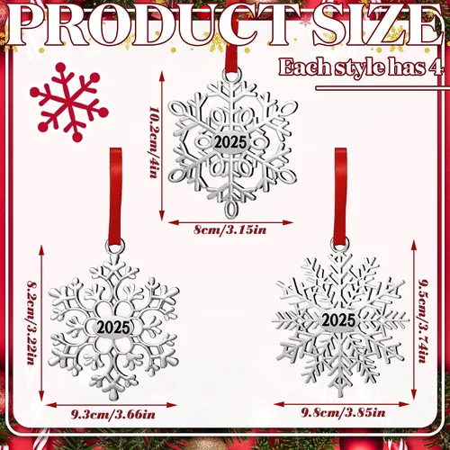 Miniatura 3 de Hotop 12 piezas Adorno de Navidad de copo de nieve de metal 2025 para árbol de Navidad, adornos colgantes de Navidad para árbol de Navidad, adornos