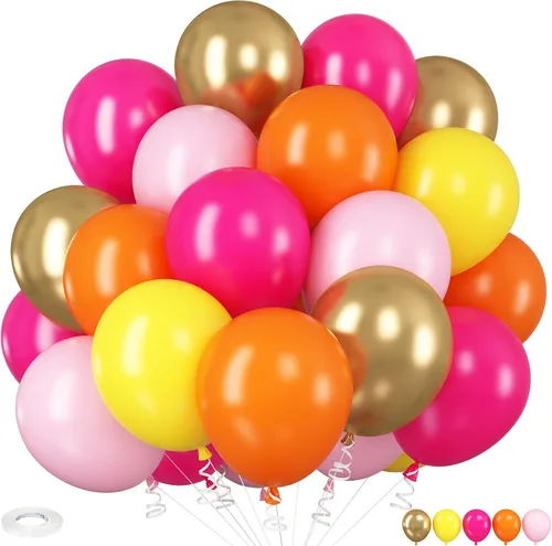 Miniatura 16 de HILAVO - Kit de globos tropicales, 60 globos hawaianos de 12", color rosa intenso, naranja, verde azulado, verde, dorado metálico, globos de látex