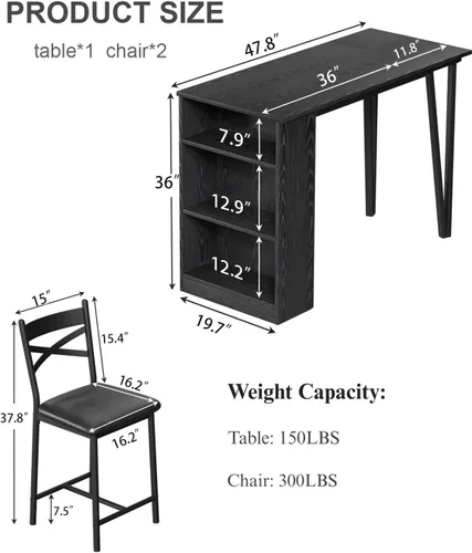 Miniatura 2 de Juego de mesa de bar y sillas Garvee, juego de mesa de bar de 3 piezas con extensión superior abatible y estantes de almacenamiento, juego de mesa