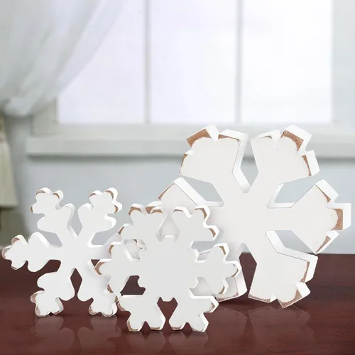 Miniatura 12 de Bucherry 3 Piezas Decoración de Copos de Nieve de Madera de Invierno Letreros de Mesa de Copos de Nieve de Invierno Rústicos Bloques de Madera
