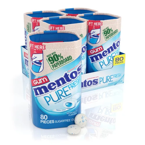 Mentos Pure Fresh Goma de mascar sin azúcar, con xilitol, menta fresca (Fresh Mint), botella de 80 unidades, botella reciclable de 90% cartón, 80