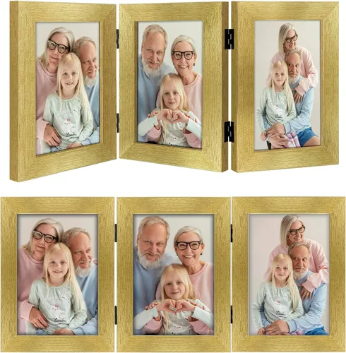 Miniatura 13 de Frametory, 3 Marcos de Fotos 4x6 Marcos de Fotos Trípticos Collage - Cristal Real - Triple Plegable (Gris, 1 Paquete)