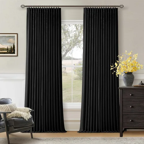 Miniatura 94 de Juego de 2 paneles de cortinas plisadas negras de 80 pulgadas para sala de estar, cortinas plisadas de lino con forro de 80 pulgadas de largo, 100%