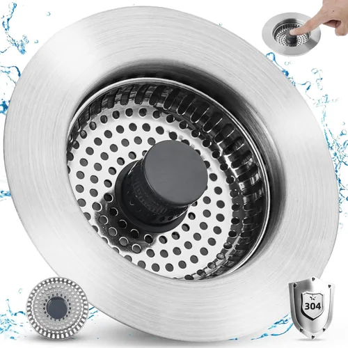 Miniatura 14 de Combo Universal 3 en 1 de Colador y Tapón de Drenaje para Fregadero de Cocina, Carcasa de Acero Inoxidable Negro con Tapón Emergente para Filtro