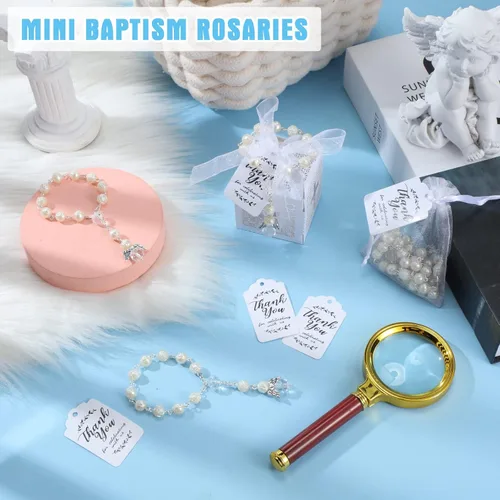Miniatura 7 de Yinkin El juego de 100 rosarios de bautismo incluye 25 cuentas de rosario de bautismo con ángel, cajas de recuerdo, bolsas de organza blanca