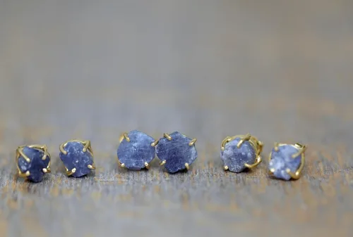 Miniatura 2 de Raw Blue Sapphire Gemstone Stud Earrings- Prong Setting- 14k Gold overlay on Sterling Silver- September Birthstone Birthday Gift Idea