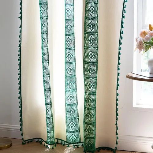 Miniatura 44 de Deeprove Cortinas bohemias para dormitorio, rayas huecas de ganchillo crema y estampado floral, tela de lino de algodón, con borlas beige bohemias