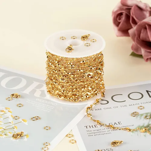 Miniatura 4 de UMAOKANG Cadenas chapadas en oro para hacer joyas, cadena de cable de acero inoxidable de 16.4 ft a granel con anillos de salto y cierres de Oro S