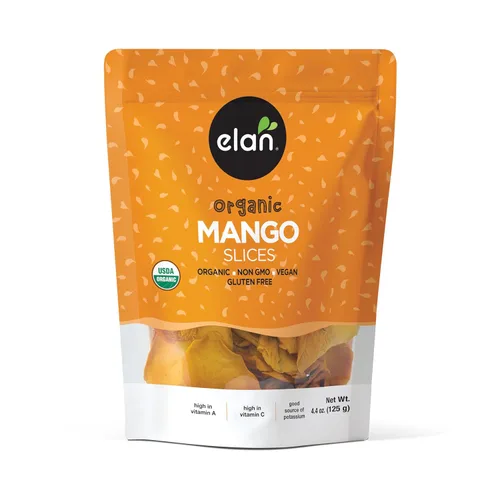 Elan Rebanadas de mango seco orgánico, 4.4 oz, sin sulfitos, sin azúcar añadido, sin OGM, vegano, sin gluten, kosher, bocadillos saludables de fruta