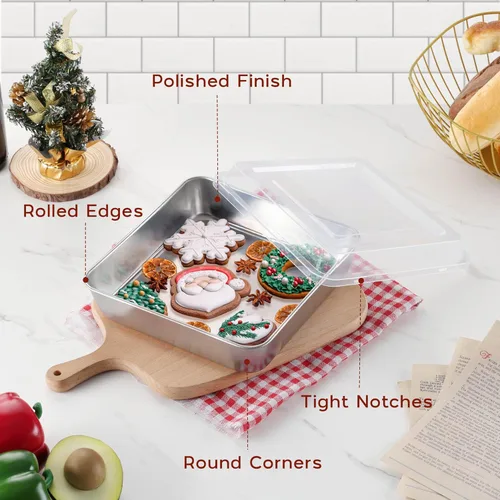 Miniatura 2 de Onader Bandeja cuadrada para hornear pasteles de 8 x 8 pulgadas con tapa, bandeja de lasaña de brownie de acero inoxidable