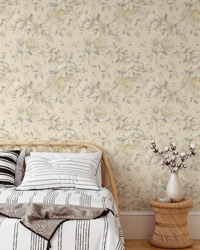Miniatura 3 de Papel tapiz de dibujo floral beige Mural floral de acuarela extraíble Papel tapiz autoadhesivo floral pastel