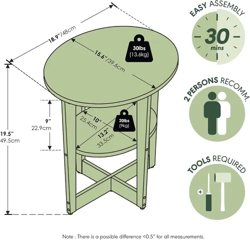 Miniatura 3 de Furinno JAYA Mesa auxiliar, mesa auxiliar redonda moderna de 2 niveles con mesa ovalada, mesita de noche, mesita de noche con estante abierto