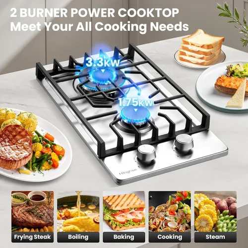 Miniatura 3 de Estufa de 2 quemadores de propano, Hibghse 30 cm de cocina de gas incorporada con estufa de gas NG/LPG convertible de acero inoxidable