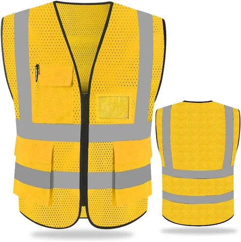 FEimaX Chaleco de seguridad de alta visibilidad, chaleco de trabajo reflectante de malla para hombres y mujeres con bolsillos y cremallera, cumple