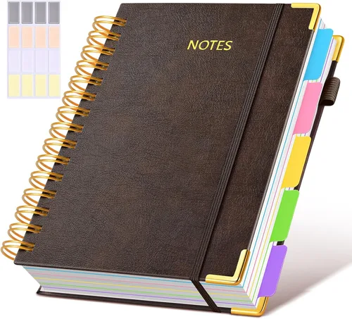 Miniatura 19 de Cuaderno universitario de espiral con tapa dura de cuero de 8 x 10 pulgadas, con pestañas separadoras extraíbles, para 5 materias, a rayas; diario