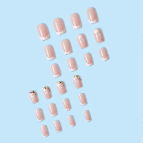 Miniatura 2 de Foccna Uñas postizas a presión de color rosa medianas, uñas postizas blancas brillantes, uñas postizas cuadradas acrílicas, uñas artificiales