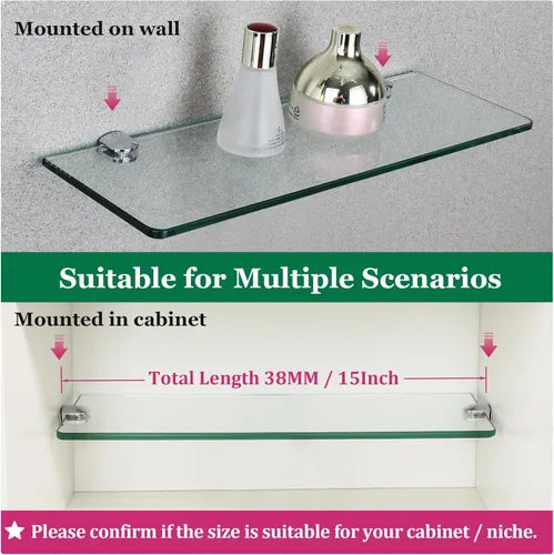 Miniatura 5 de SAYAYO Estantes flotantes de vidrio para baño, estante de vidrio templado cromado de 15 x 5 pulgadas para pared, 1 paquete, transparente