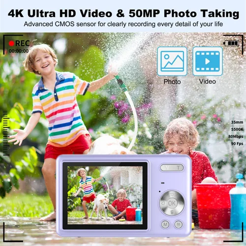 Miniatura 2 de Cámara digital, enfoque automático UHD 4K 50MP cámara de vlogging para fotografía con tarjeta SD de 32 GB, zoom 16X, antivibración, cámaras Púrpura