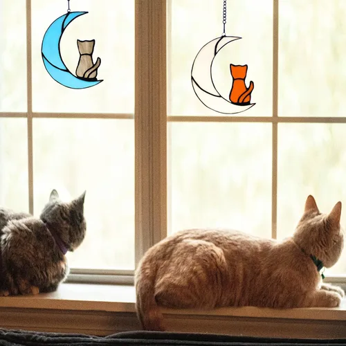 Miniatura 5 de Decoración de gato atigrado gris en luna azul para colgar en la ventana, regalo conmemorativo para los amantes de los gatos, adorno para mascotas