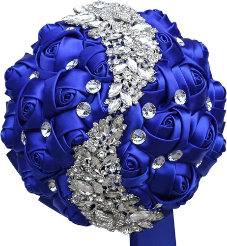 Miniatura 17 de XINNI Ramo de boda verde esmeralda para novia, dama de honor, satén rosa, ramo de boda con diamantes de imitación en forma de lluvia de meteoritos