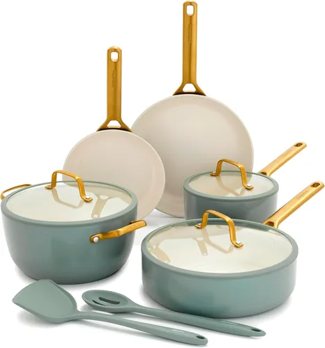 GreenPan Juego de utensilios de cocina antiadherentes Reserve Pro de 10 piezas, cerámica certificada NSF, juego de ollas y sartenes anodizadas duras