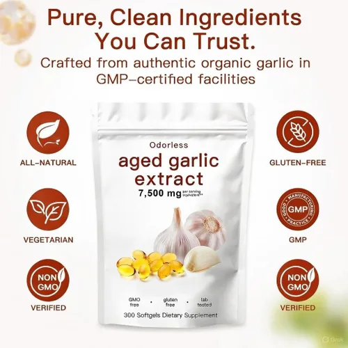 Miniatura 4 de Extracto de ajo envejecido, 300 cápsulas blandas, suplemento de ajo orgánico inodoro, madurado por 2 años, vegetariano, sin OMG, totalmente natural