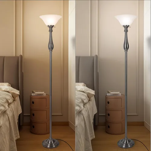 Miniatura 2 de HonoDing Torchiere - Lámpara de pie para sala de estar, lámpara de pie con pantalla de cristal de alabastro blanco, lámparas de pie de níquel