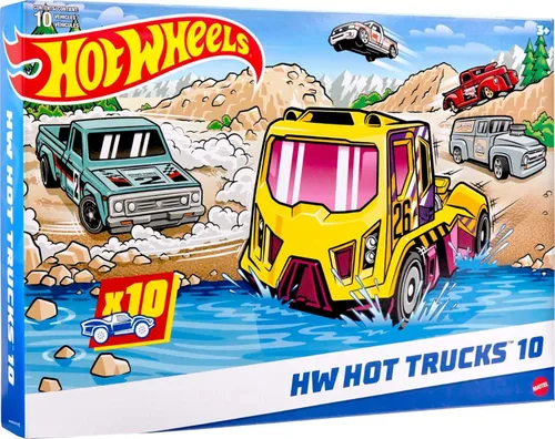 Hot Wheels Paquete de 10, juego de 10 camiones de juguete a escala 1:64, mezcla de camionetas con licencia oficial y sin licencia, rescate o semi