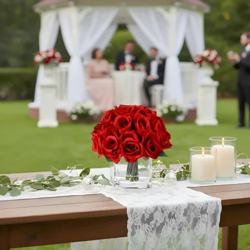 Miniatura 5 de 18 cabezas de rosas rojas falsas en jarrón con agua falsa, rosa de seda con jarrón para mesa de comedor, dormitorio, decoración de boda (rojo)