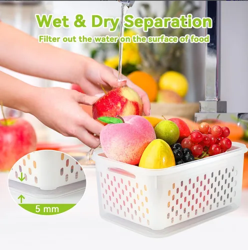 Miniatura 5 de Paquete de 3 recipientes de almacenamiento de frutas para refrigerador, recipientes herméticos de almacenamiento de alimentos con colador extraíble