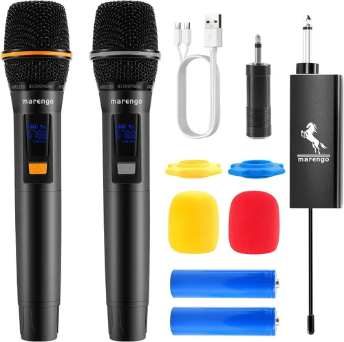 Micrófonos inalámbricos, micrófono profesional UHF de metal dual para karaoke inalámbrico con receptor recargable (260 pies), conectar y usar,