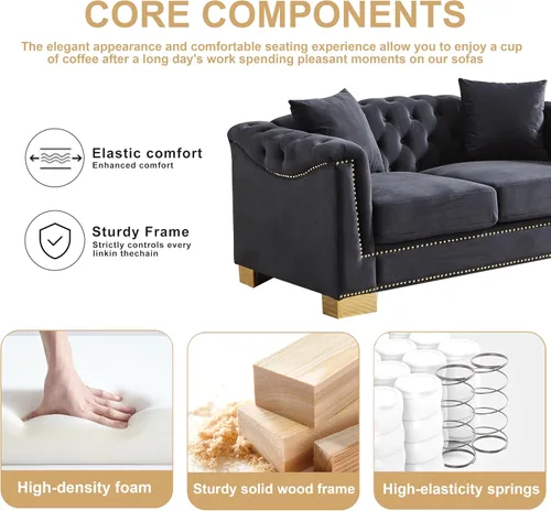 Miniatura 4 de Sofá de dos plazas Chesterfield de terciopelo negro de 62 pulgadas, 4 cojines clásico de 6.5 pulgadas, brazo enrollado, sofá moderno adecuado