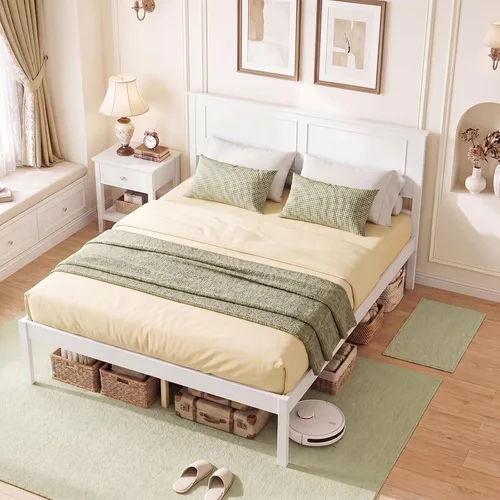 Miniatura 13 de Giantex Marco de cama de madera individual con cabecero, plataforma moderna de mediados de siglo con soporte de listones de madera, base de colchón