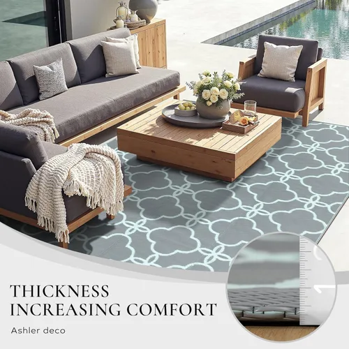 Miniatura 6 de Ashler - Alfombra de paja de plástico para exteriores, 5 x 8, reversible, color azul pálido, diseño moderno con flores para caravana, patio trasero