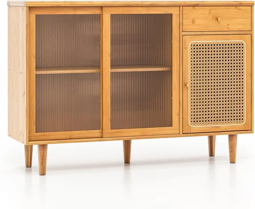 Miniatura 9 de Armario de buffet con almacenamiento, aparador de cocina con puertas correderas y cajón, mesa consola de ratán, barra de café para el hogar, sala