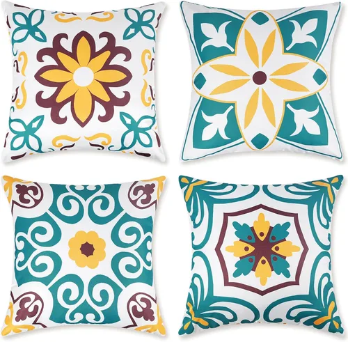 Pyonic Juego de 4 fundas impermeables para almohada de exterior de 16 x 16 pulgadas, color turquesa, vintage, floral, bohemio, resistentes al agua,