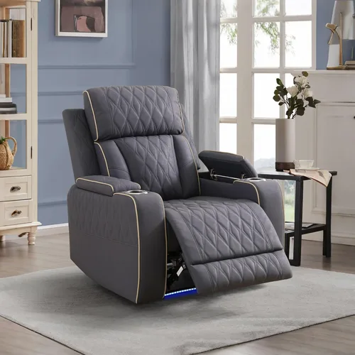 Miniatura 19 de Juego de sillones reclinables eléctricos con luces LED, juego reclinable de cuero acolchado con aire con puerto USB/almacenamiento/portavasos/luz