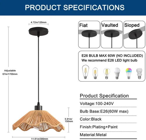 Miniatura 7 de 3 Pack Brown Woven Pendant Light Fixtures,11.81" Rattan Pendant Lights Farmhouse Basket Light Fixture Adjustable Boho Hanging Lamp for Kitchen
