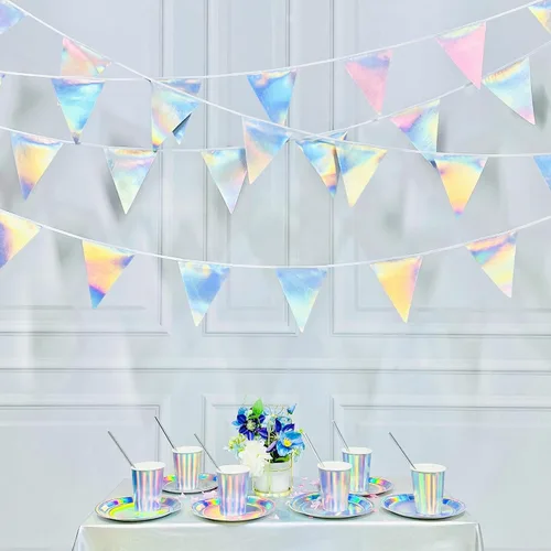 Decoración de fiesta iridiscente de 33 pies, tela holográfica, banderín triangular, banderín de algodón, guirnalda de banderines para cumpleaños,