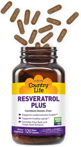 Miniatura 2 de Country Life Resveratrol Plus 1000mg - Suplemento antioxidante orgánico con corteza de pino y extractos de semillas de uva, vegano, sin gluten, sin