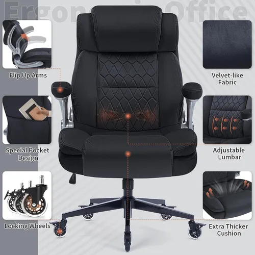 Miniatura 3 de Silla de oficina con respaldo alto de 400 libras, tela acolchada gruesa, soporte lumbar ajustable y brazos abatibles, ruedas de bloqueo, silla