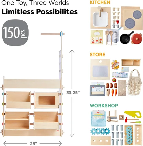 Miniatura 2 de HABA Cocina de madera 3 en 1 para niños, juego de tienda de comestibles para niños y banco de herramientas para niños, juguetes de madera