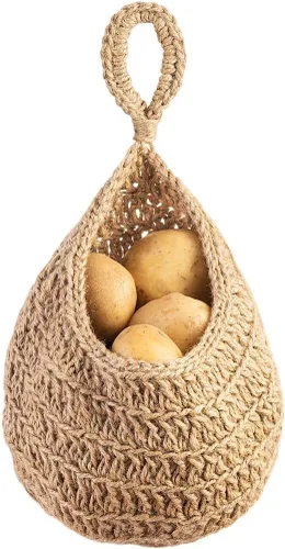 Cesta colgante de yute bohemio – Cesta de frutas colgante de mimbre para almacenamiento de productos frescos, conservador de verduras para papas,